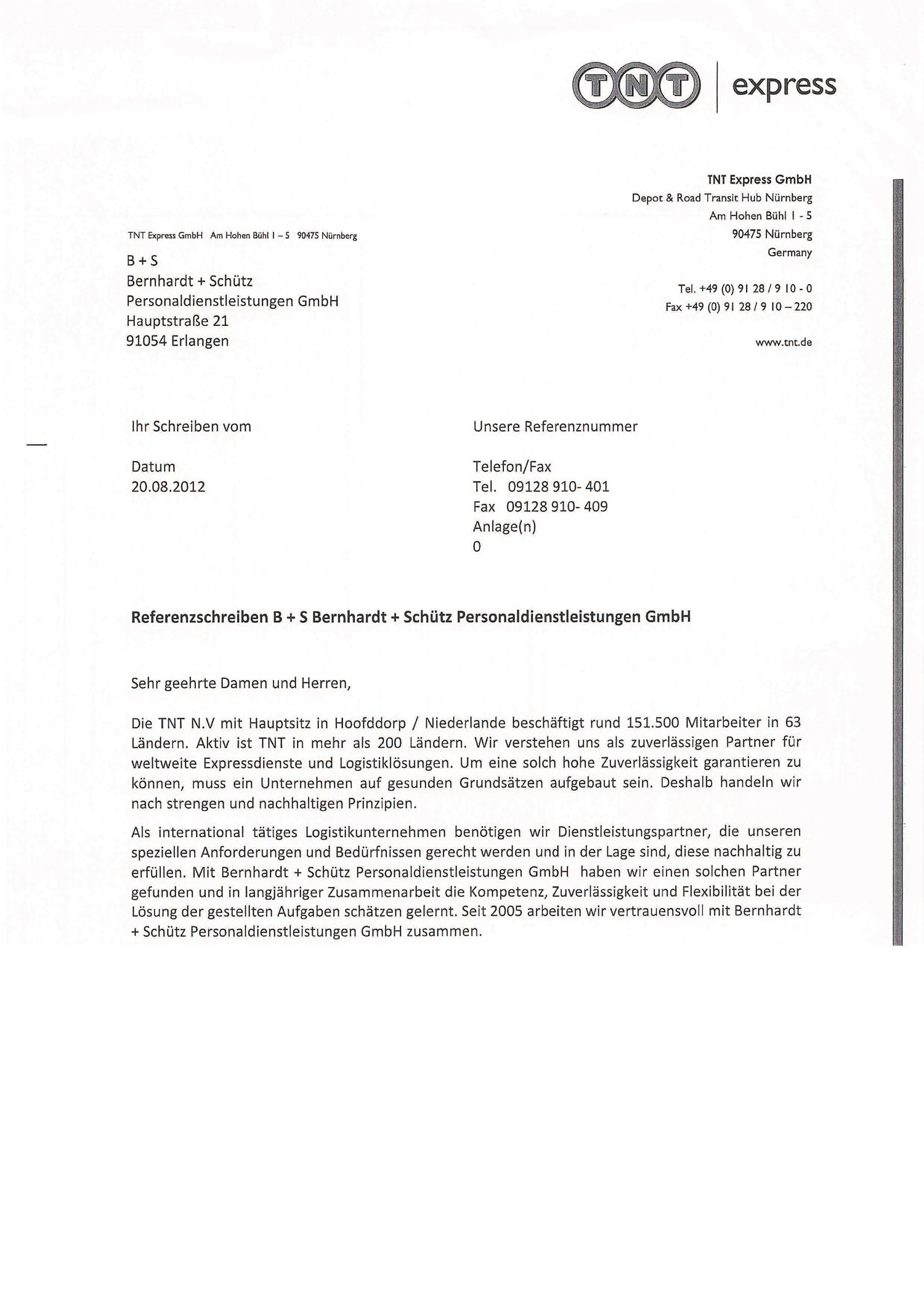 Empfehlungsschreiben TNT für Bernhardt und Schütz Personaldienstleistungen GmbH Seite 1